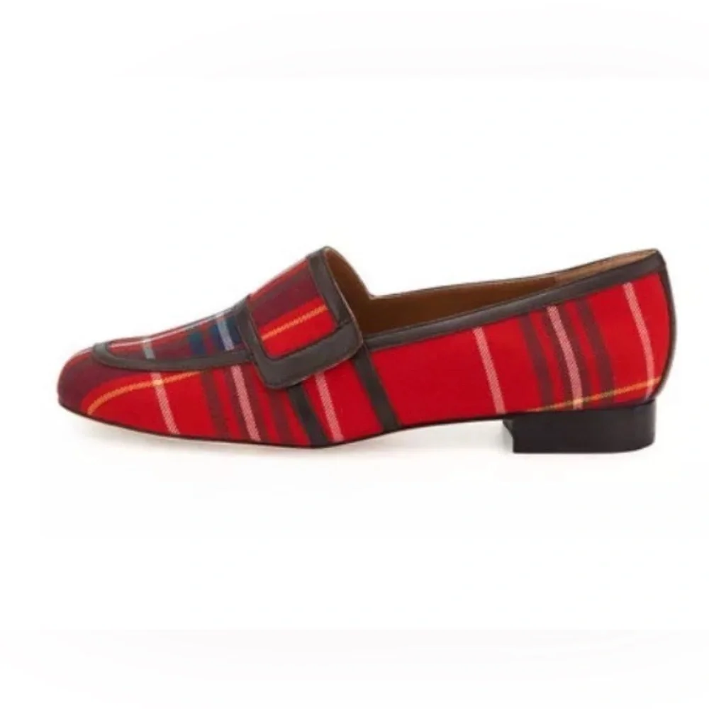 Bettye Muller Tartan Plaid Red & Navy Loafers‎ 5.5